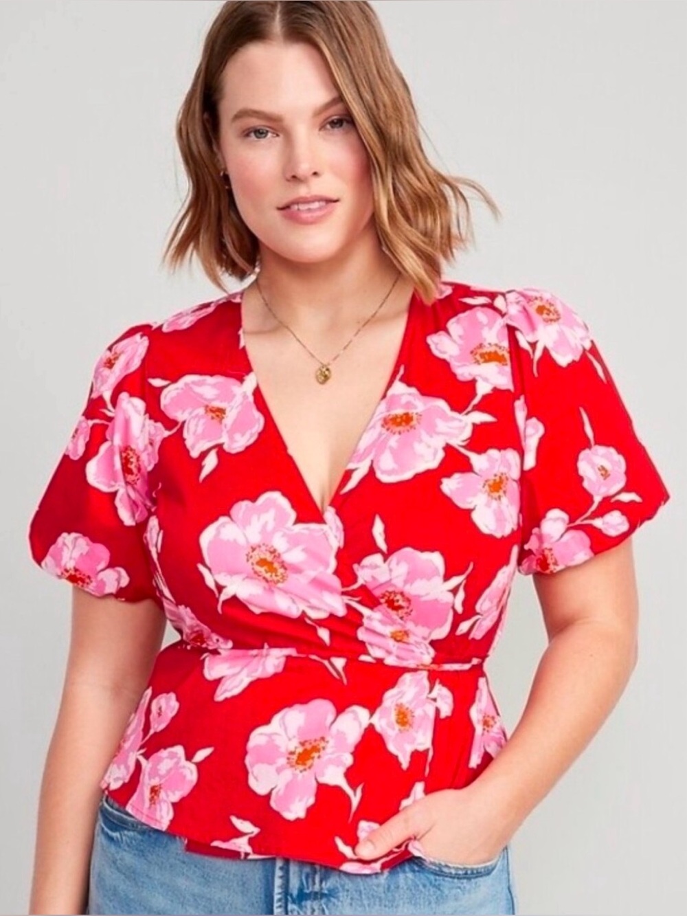 Old Navy XXL Red Pink Floral Puff Sleeves Top
